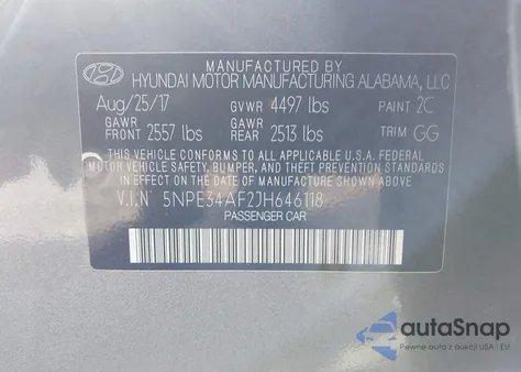 2018 Hyundai Sonata Sel z USA, uszkodzony, nr VIN 5NPE34AF2JH646118